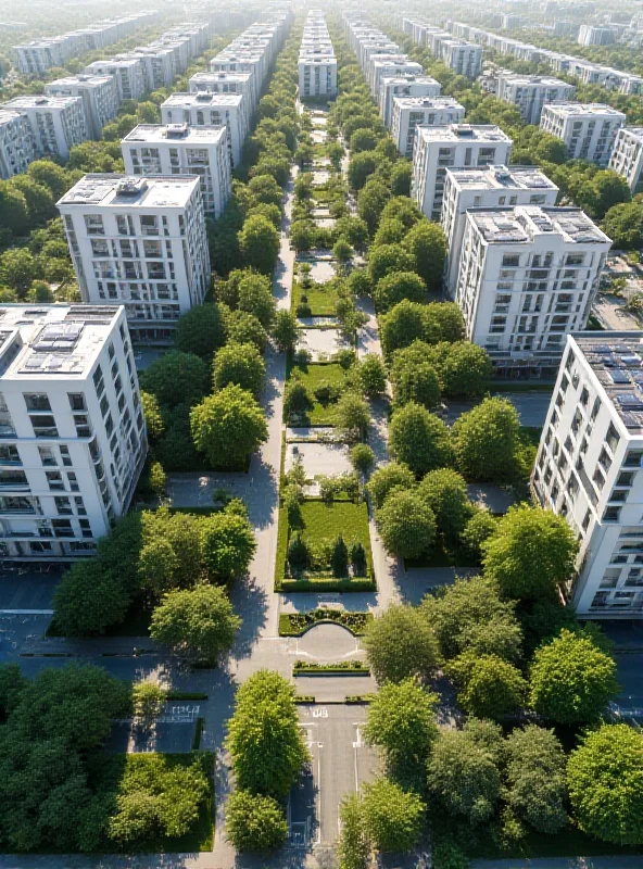 A modern urban revitalization project, showing new housing and green spaces in a formerly industrial area.