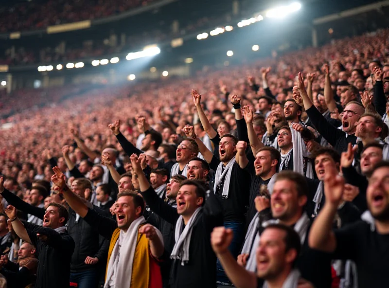 A jubilant crowd of Newcastle United fans cheering their team at a stadium during a match.