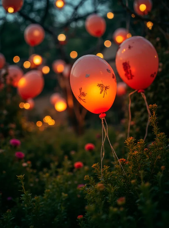 Close up shot of Home Bargains balloon lights hanging in a garden.