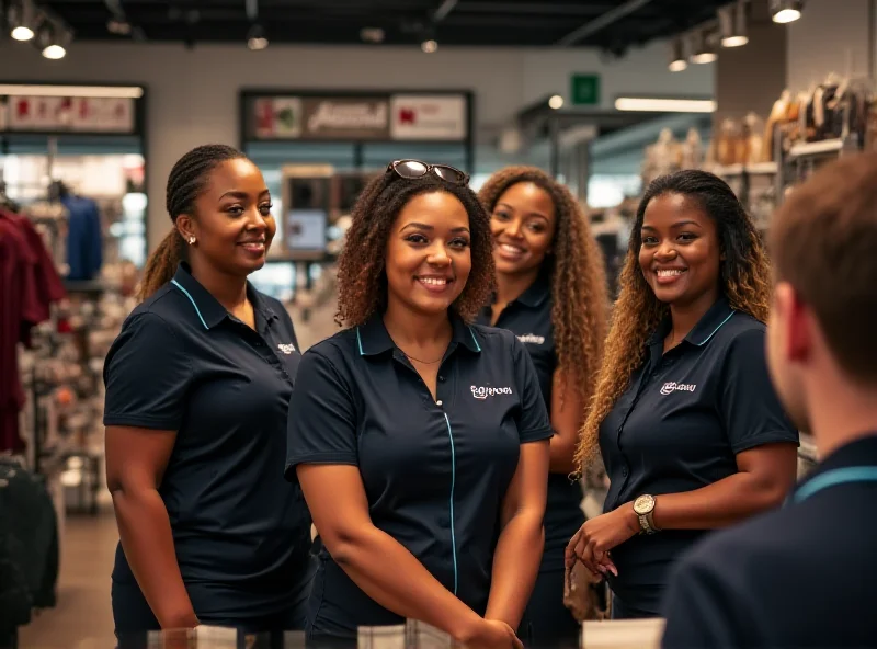 A diverse group of retail employees smiling and interacting with customers in a modern store setting.