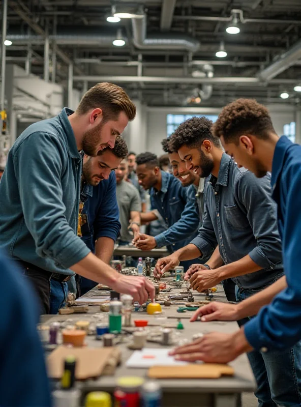 A group of diverse students participating in a hands-on technical training workshop, using modern equipment and technology.