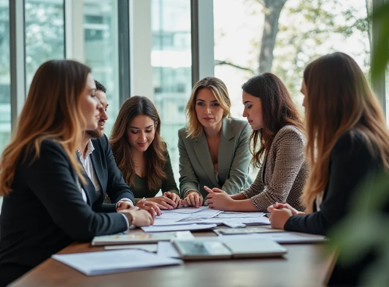 A diverse group of professional women collaborating in a modern office environment, discussing business strategies and data analysis.