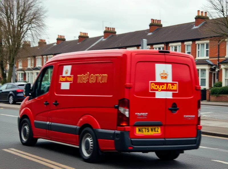 The Royal Mail logo on a red delivery van driving down a street.