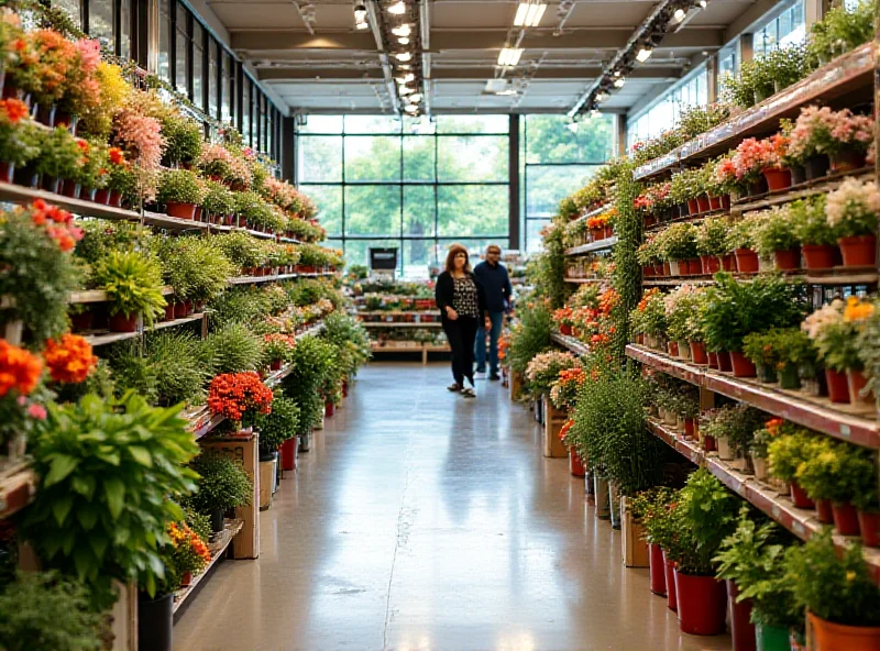 A brightly lit Homebase garden center filled with plants and gardening supplies.