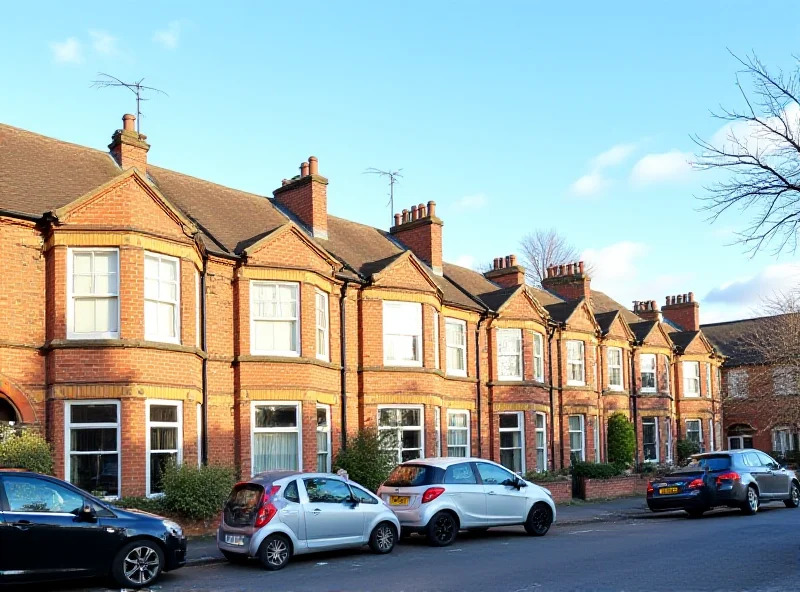 A row of terraced houses in a UK city, bathed in sunlight.