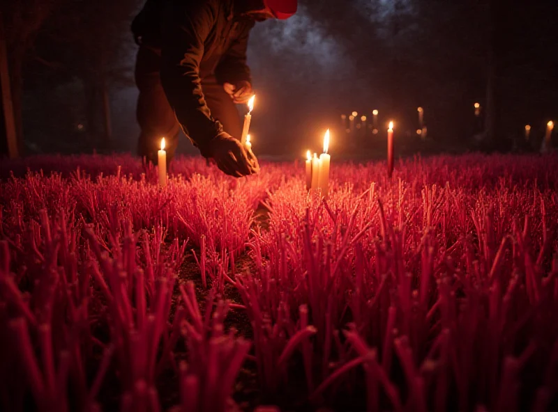 Rhubarb stalks illuminated by candlelight in a dark shed