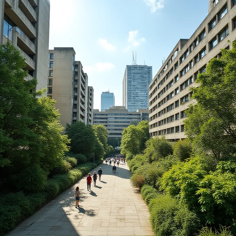 The exterior of the Barbican Estate in London on a sunny day