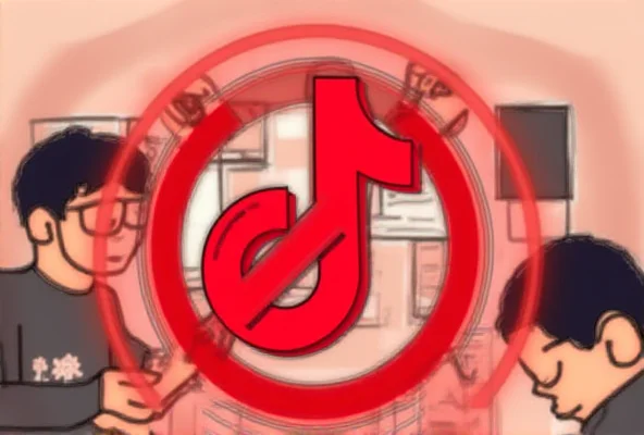 A stylized image of the TikTok logo with a red 'prohibited' sign superimposed over it. Background is a blurred image of children using smartphones.