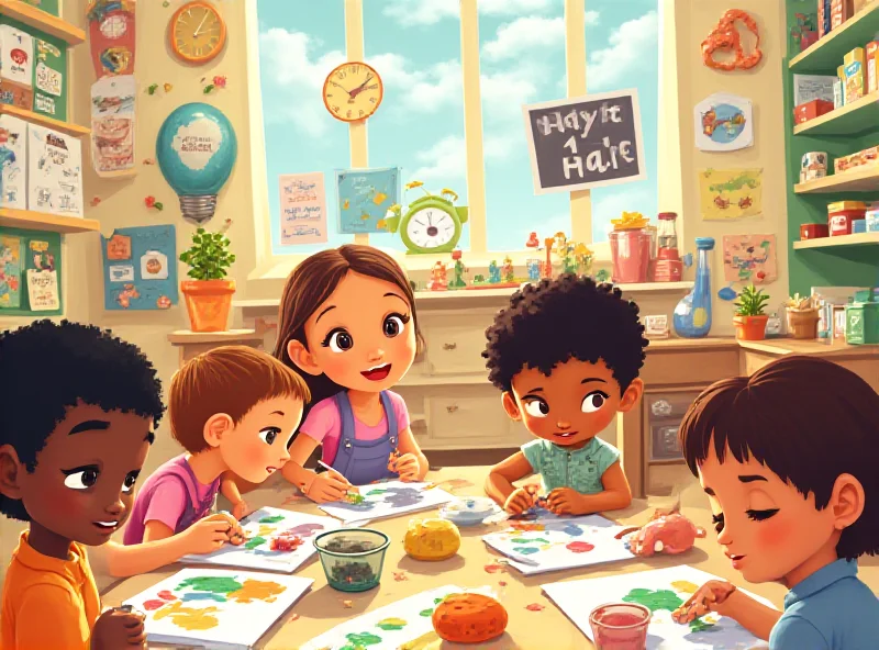 A bright and colorful image of a group of diverse children playing together in a preschool classroom. The children are engaged in various activities such as painting, building blocks, and reading. The overall tone is cheerful and optimistic.