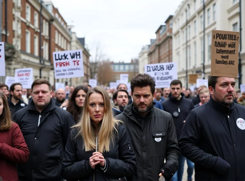 Crowd of protestors holding signs with anti-AI slogans and artwork.