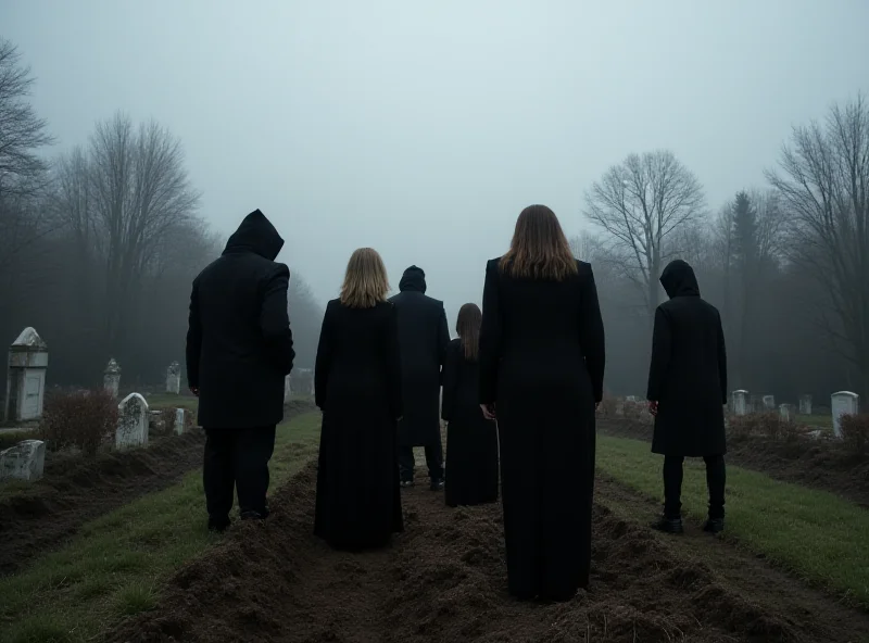 Mourning family members standing around a grave, somber colors, overcast sky, representing the grief of matricide.