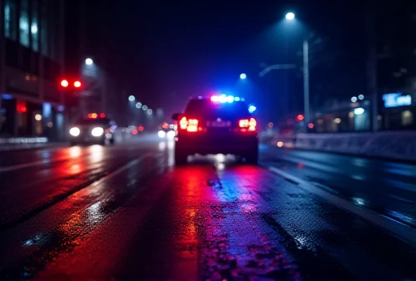 Police car speeding down a wet street at night, red and blue lights flashing, representing the high-speed chase after a murder.