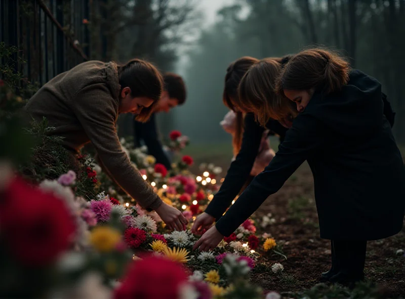 Mourners laying flowers at a memorial site for a young girl who died in an arson attack.