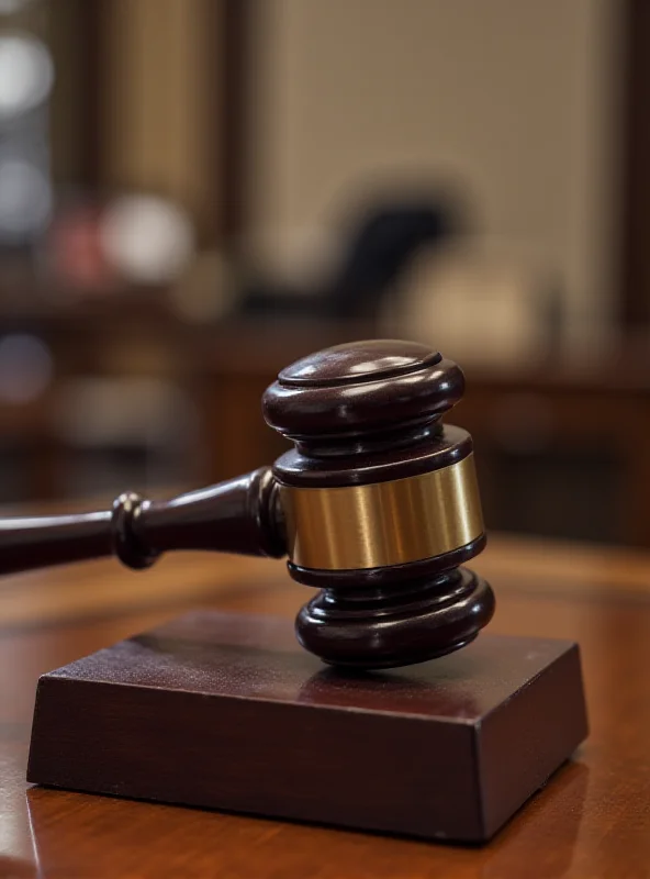 A gavel striking a sounding block in a courtroom setting.