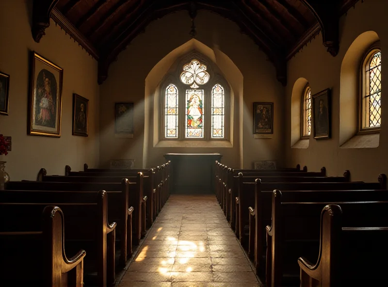 A church interior with an empty space on the wall where a painting once hung.