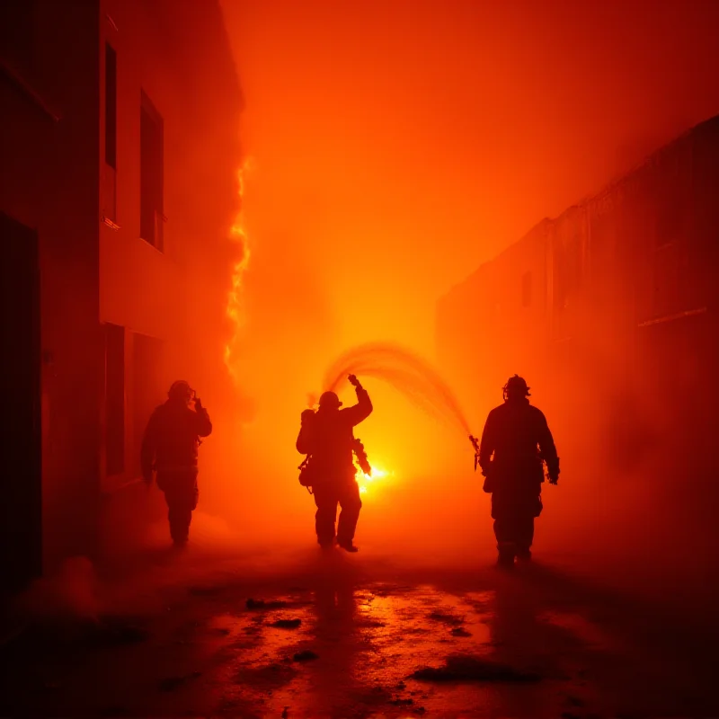 Firefighters battling a large fire in a city, with smoke billowing into the sky.