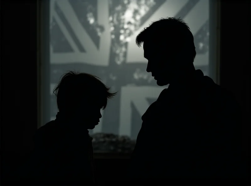 A concerned father looking at his daughter, both silhouetted against a window, with a faint Union Jack flag visible in the background.