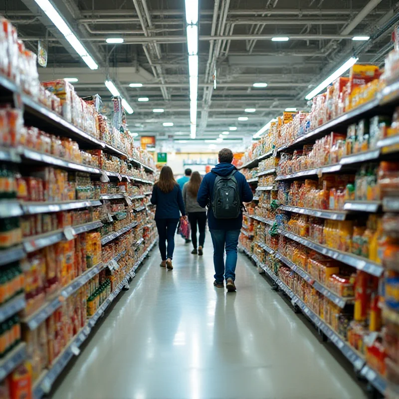 Shoppers browsing in a supermarket aisle with a variety of products