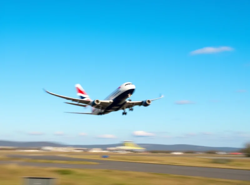 Exterior of a modern British Airways airplane taking off from a runway with a blue sky background.