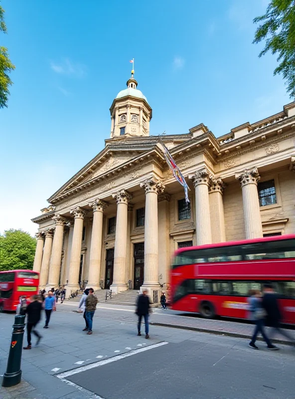 A wide angle shot of the exterior of the Royal Academy of Arts building in London on a sunny day.