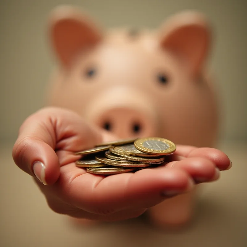 Close up of a hand holding British pound coins with blurred background of a piggy bank.