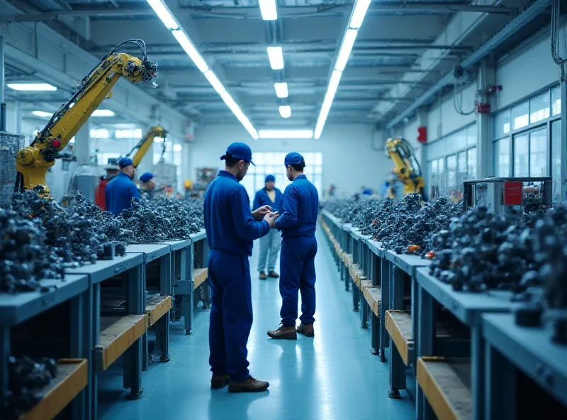 A bustling UK factory floor with workers assembling complex machinery.