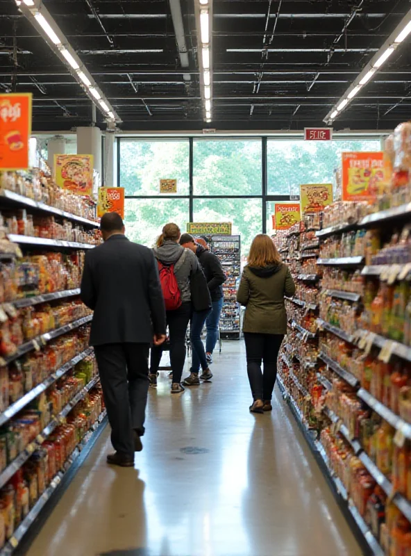 A busy supermarket aisle with shoppers browsing various products.