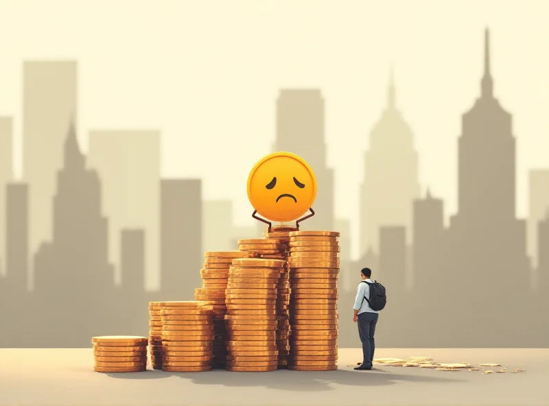 Illustration of rising prices with coins and a sad face.