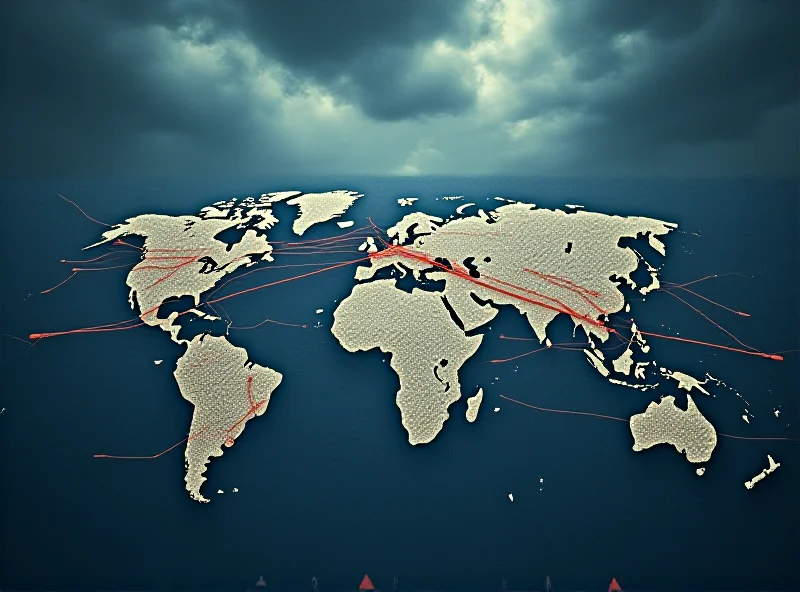 Conceptual image of a world map with arrows indicating trade flows, some blocked or tangled, representing a trade war. Dark, stormy clouds in the background symbolize economic uncertainty.