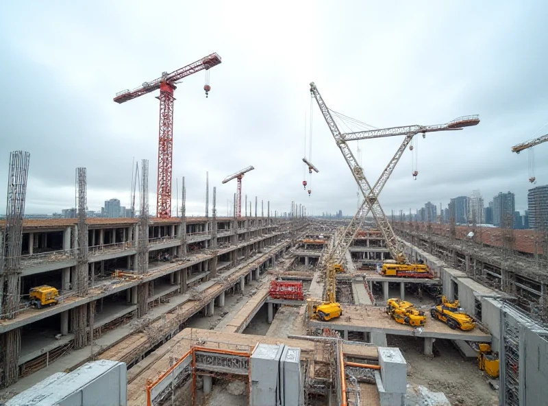 Image of a construction site with cranes and scaffolding. The sky is overcast, suggesting difficult economic times for the construction industry.