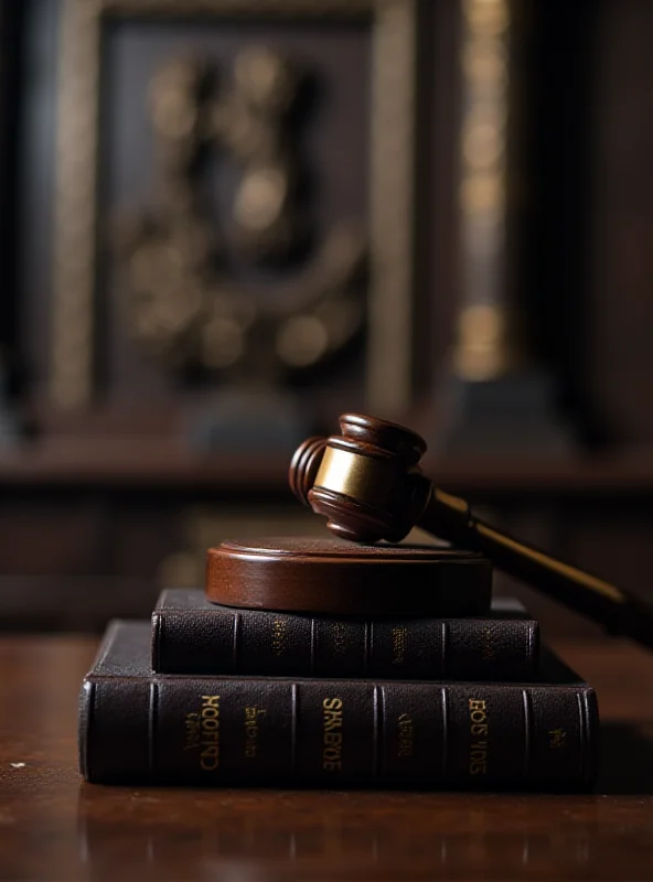 A gavel resting on a stack of law books in a courtroom setting. The background is slightly blurred, emphasizing the legal and serious nature of the scene.