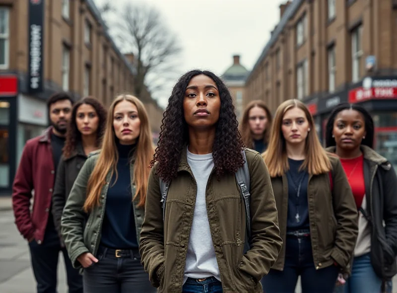 A group of diverse young adults looking concerned and unemployed in a modern city setting.