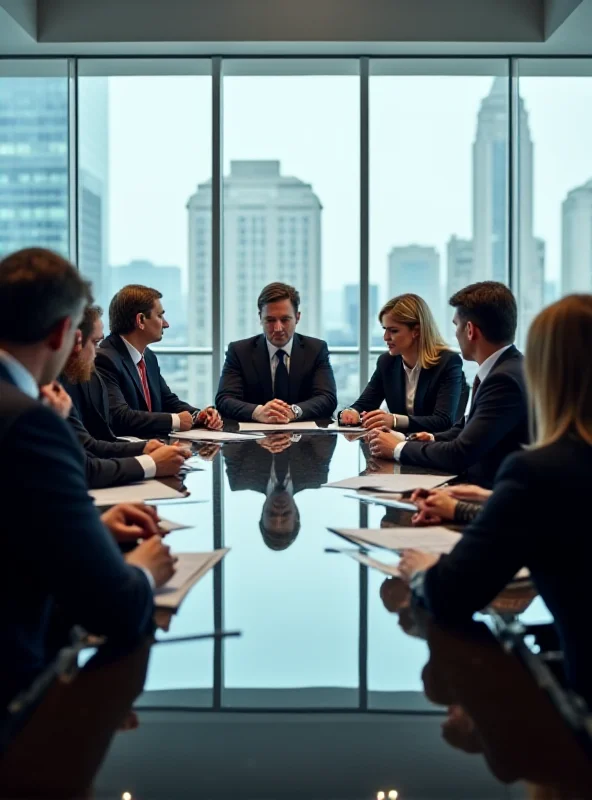 A modern bank boardroom with executives seated around a table in a serious discussion.