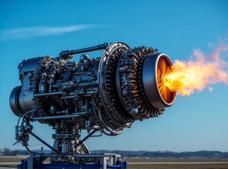 A Rolls-Royce jet engine being tested on a stand with a blue sky background.