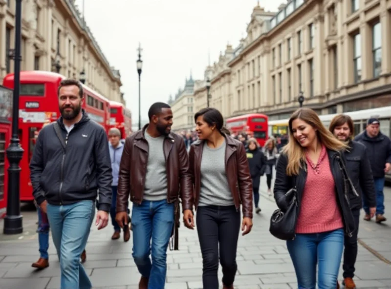 A diverse group of people walking in London, representing the multicultural aspect of expat life in the UK.