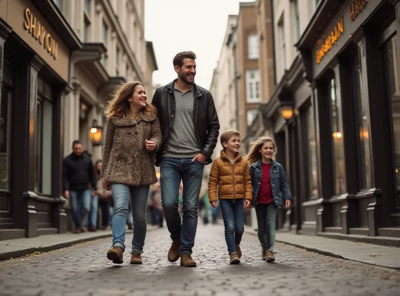 A family of expats smiling and exploring a historic street in a UK city, conveying the joy and adventure of living abroad.