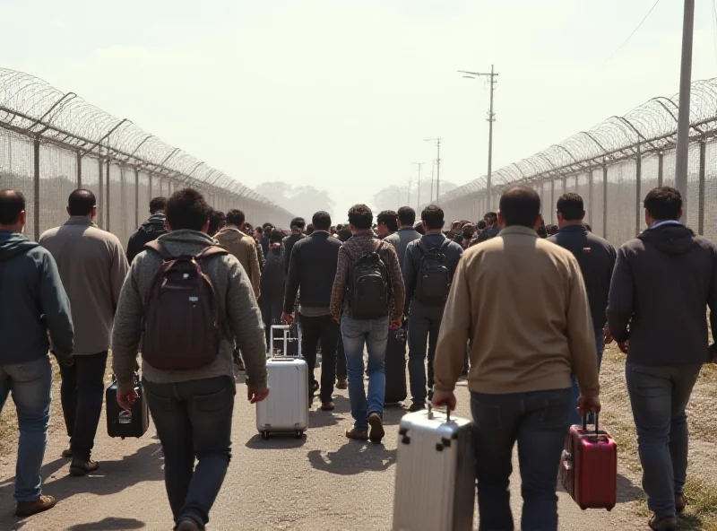 Crowd of diverse people walking towards a border crossing point, representing asylum seekers. 