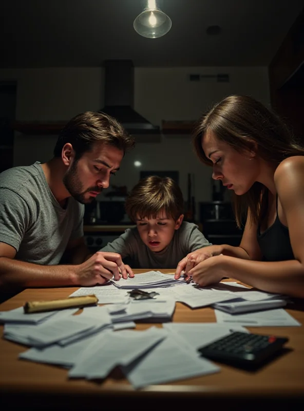 A worried family sitting at their kitchen table, looking at bills and struggling with finances.