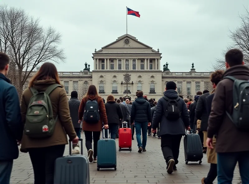 Crowd of diverse people walking towards a government building, suggesting asylum seekers arriving in the UK.