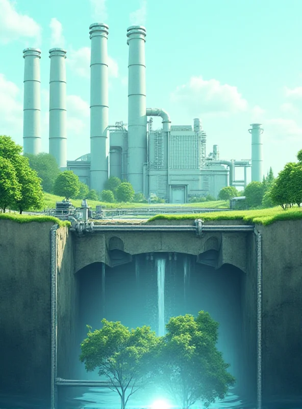 A stylized graphic depicting carbon being captured from a power plant and stored underground.