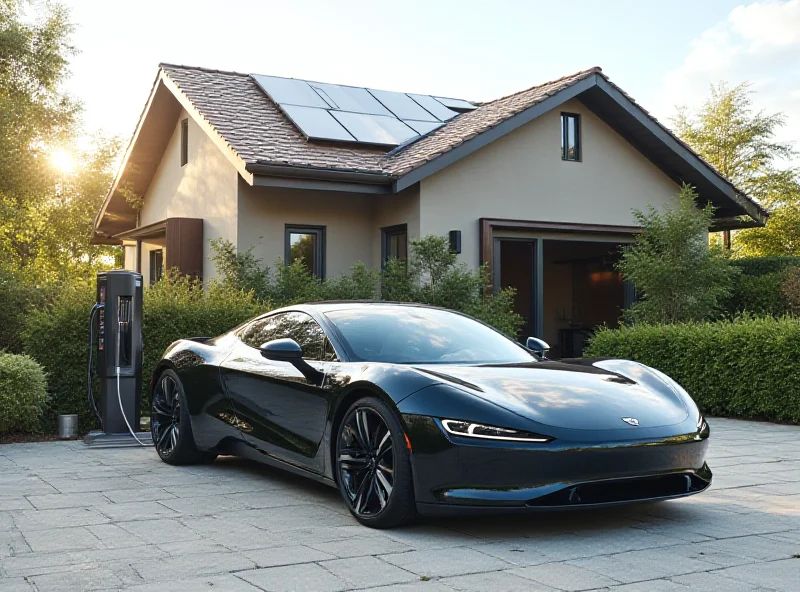 A luxury electric car parked in front of a modern, eco-friendly house with solar panels on the roof.