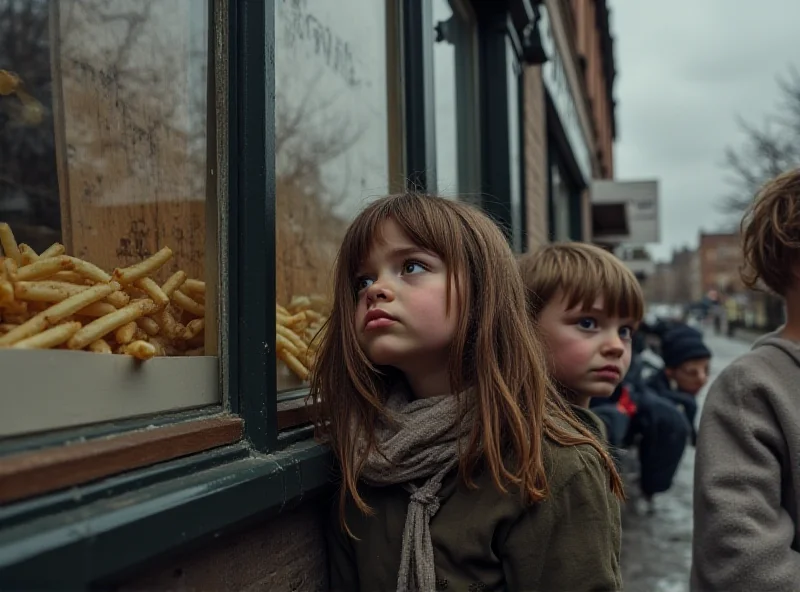 A group of children looking sadly at a chip shop window. The scene is set in a run-down urban area, with grey skies and boarded-up shops in the background.