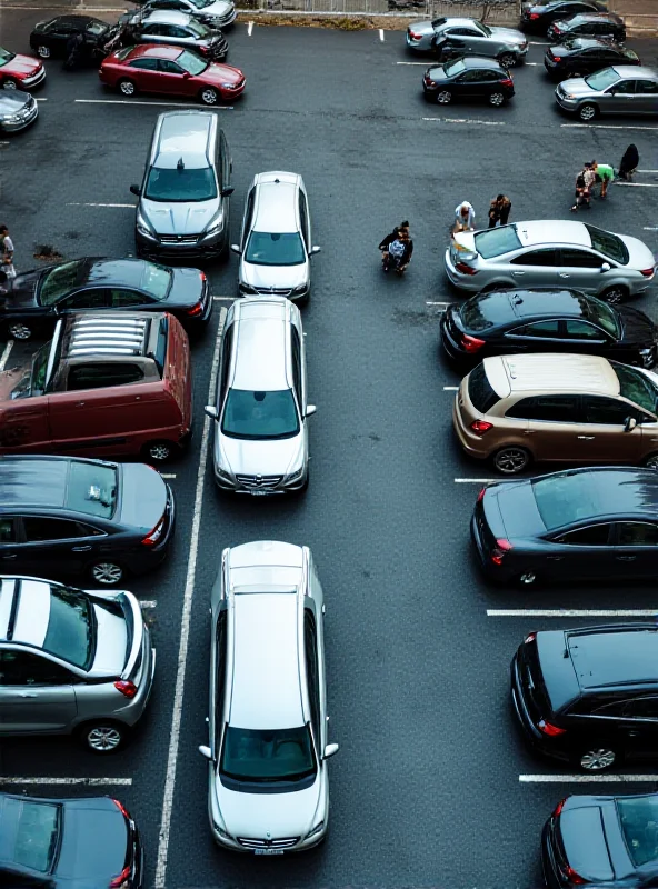 An overhead view of a crowded supermarket car park, with cars of various sizes struggling to fit into the designated spaces. Some cars are parked at awkward angles, suggesting difficulty in maneuvering.