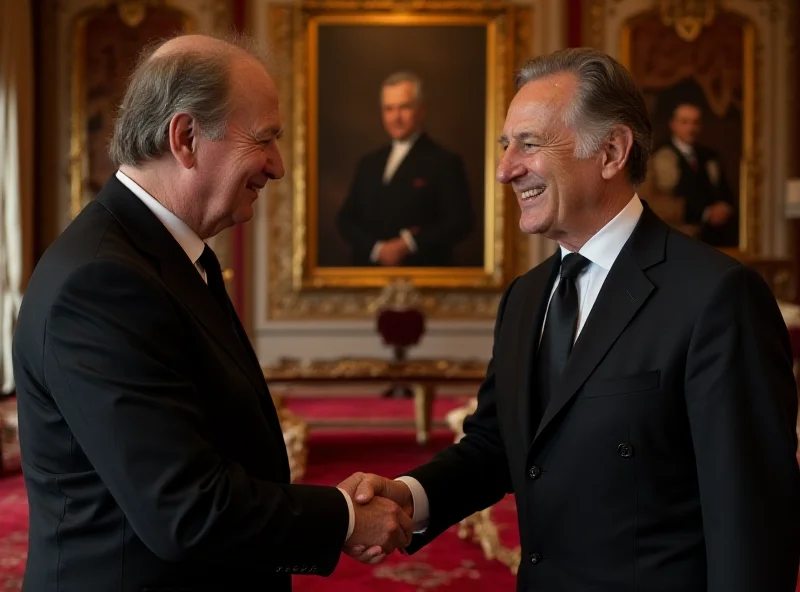 King Charles III shaking hands with President Zelensky in a grand room at Buckingham Palace. The room is decorated with ornate furniture and portraits. Both men are smiling.