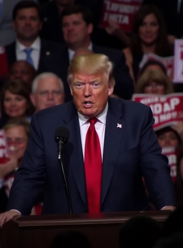 Donald Trump giving a speech at a rally, supporters cheering in the background.