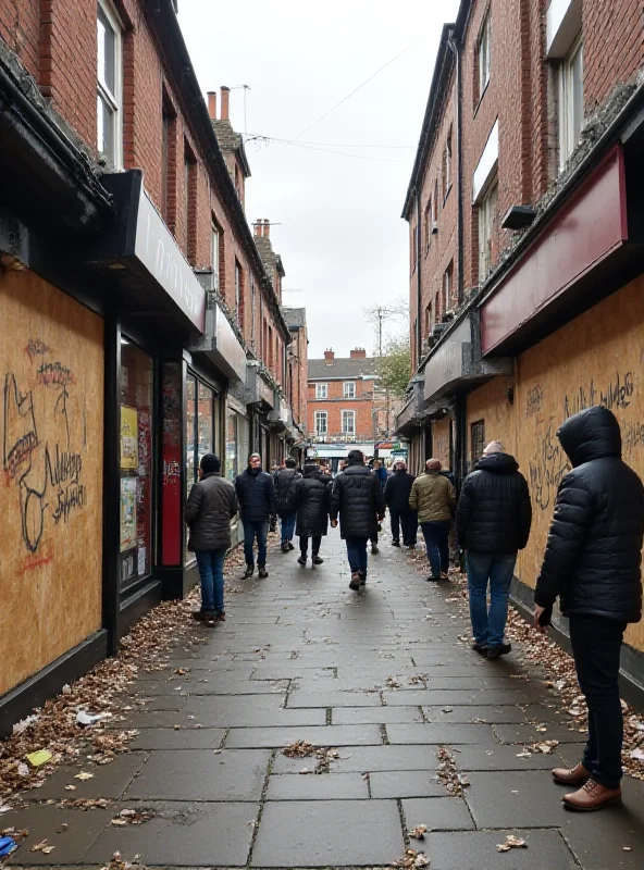 A street scene in a deprived area of Birmingham, with boarded-up shops and people gathered on street corners.