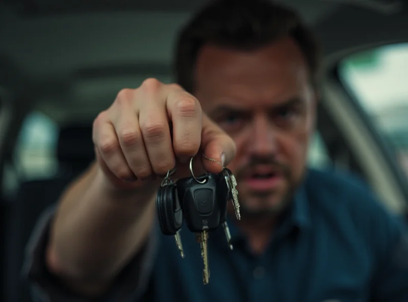 Close-up of a frustrated person holding car keys, symbolizing car finance complaints.