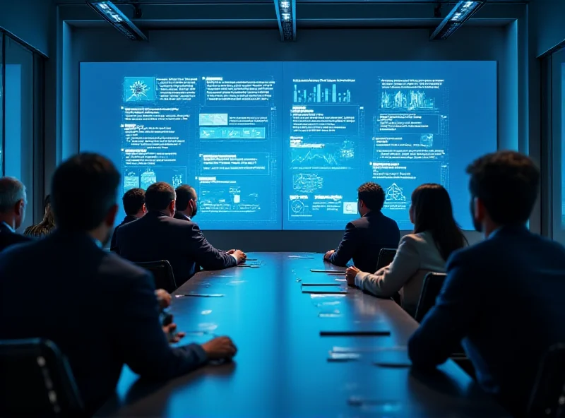 Executives in a boardroom looking at a digital display showing an AI strategy roadmap.