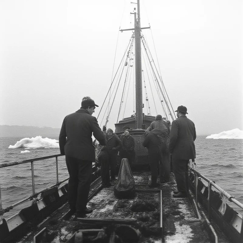 A black and white photo of a British whaling ship in the 1940s