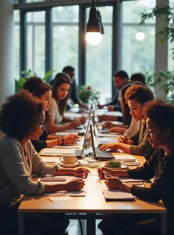 Image of people working together in a modern office environment, symbolizing worker rights and collaboration. Include diverse ethnicities and genders.